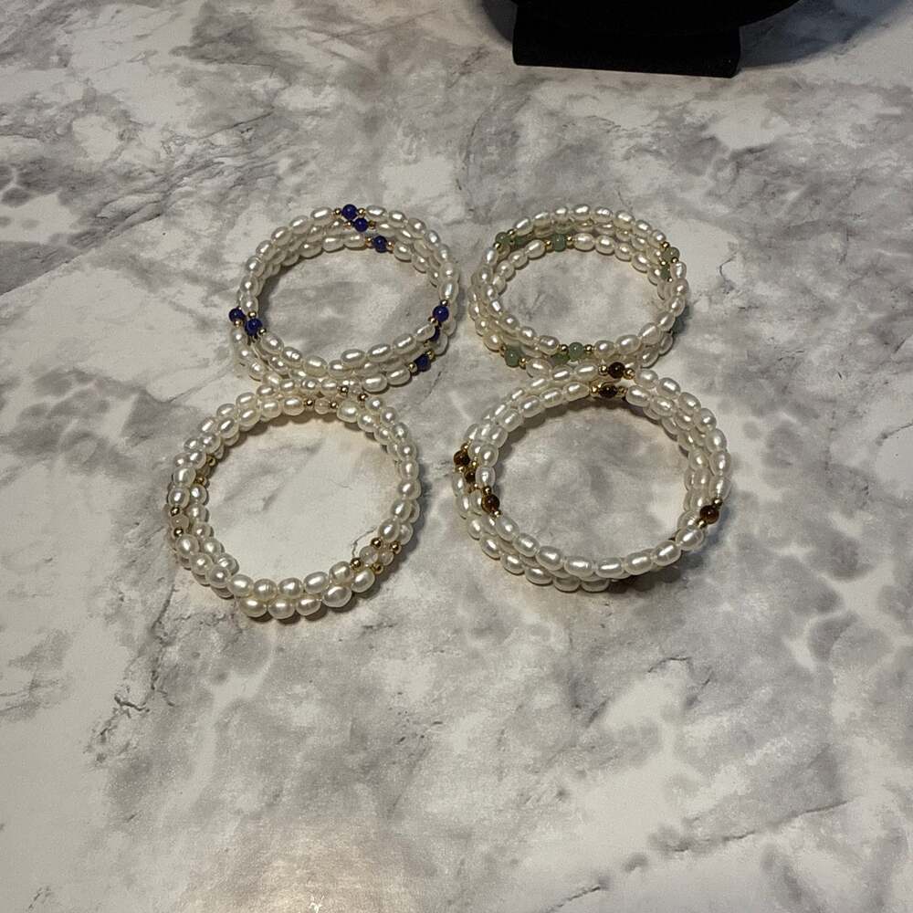 Set of 4 Freshwater Pearl Multi-Strand Memory Wire Wrap Bracelets with Gemstone